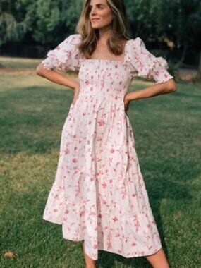 Hill House Nesli Nap Dress Flawless XS White Midi Dress with Pink Floral Print